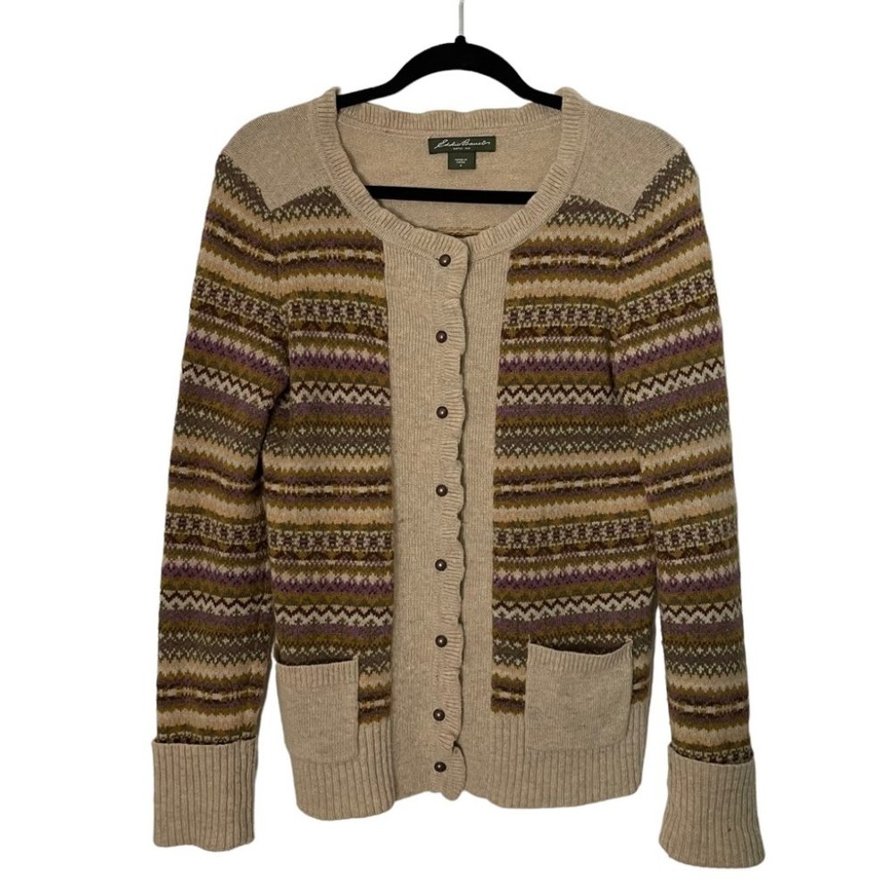Eddie Bauer fair isle wool blend ruffle cardigan size S
